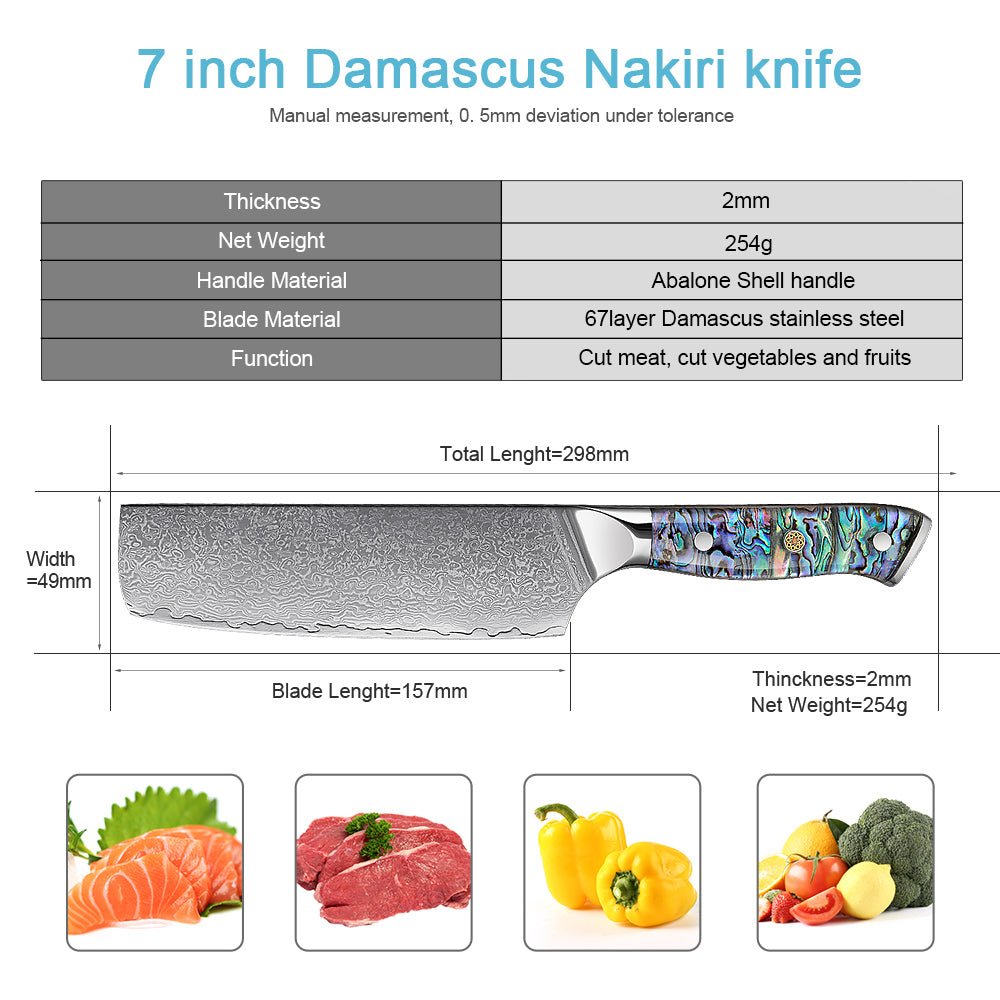 Couteau de chef Nakiri de 7 pouces, lame en damas et manche en coquille d'abalone