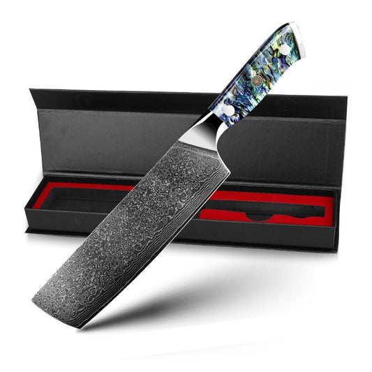 Couteau de chef Nakiri de 7 pouces, lame en damas et manche en coquille d'abalone