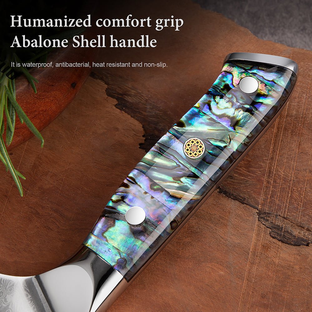 Couteau de chef Nakiri de 7 pouces, lame en damas et manche en coquille d'abalone
