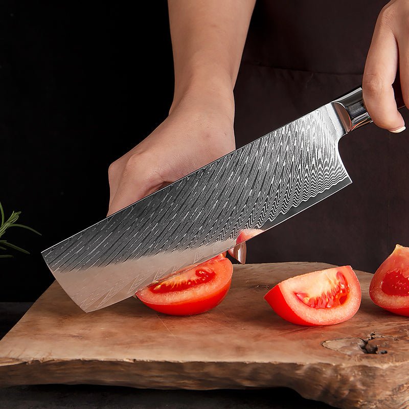 Couteau de chef Nakiri de 7 pouces, lame en damas et manche en coquille d'abalone