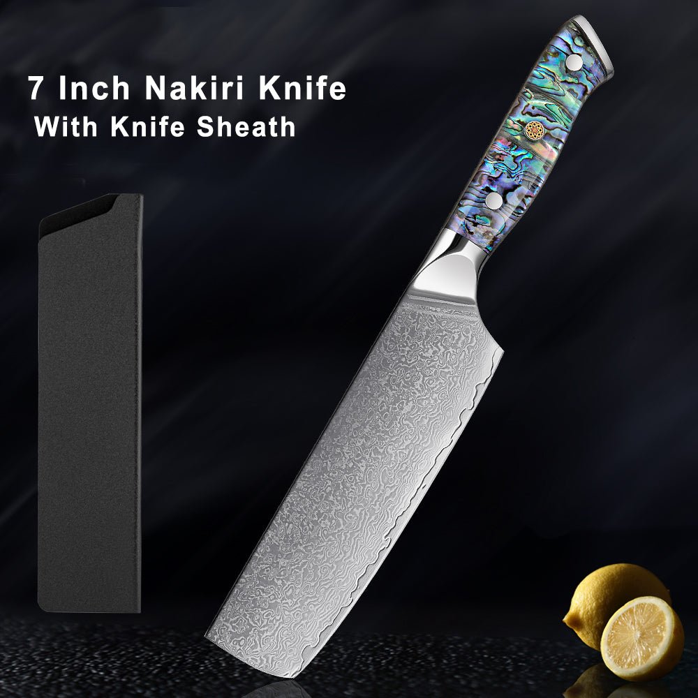 Couteau de chef Nakiri de 7 pouces, lame en damas et manche en coquille d'abalone