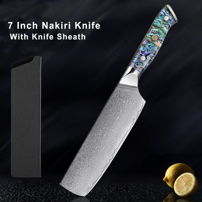 Couteau de chef Nakiri de 7 pouces, lame en damas et manche en coquille d'abalone