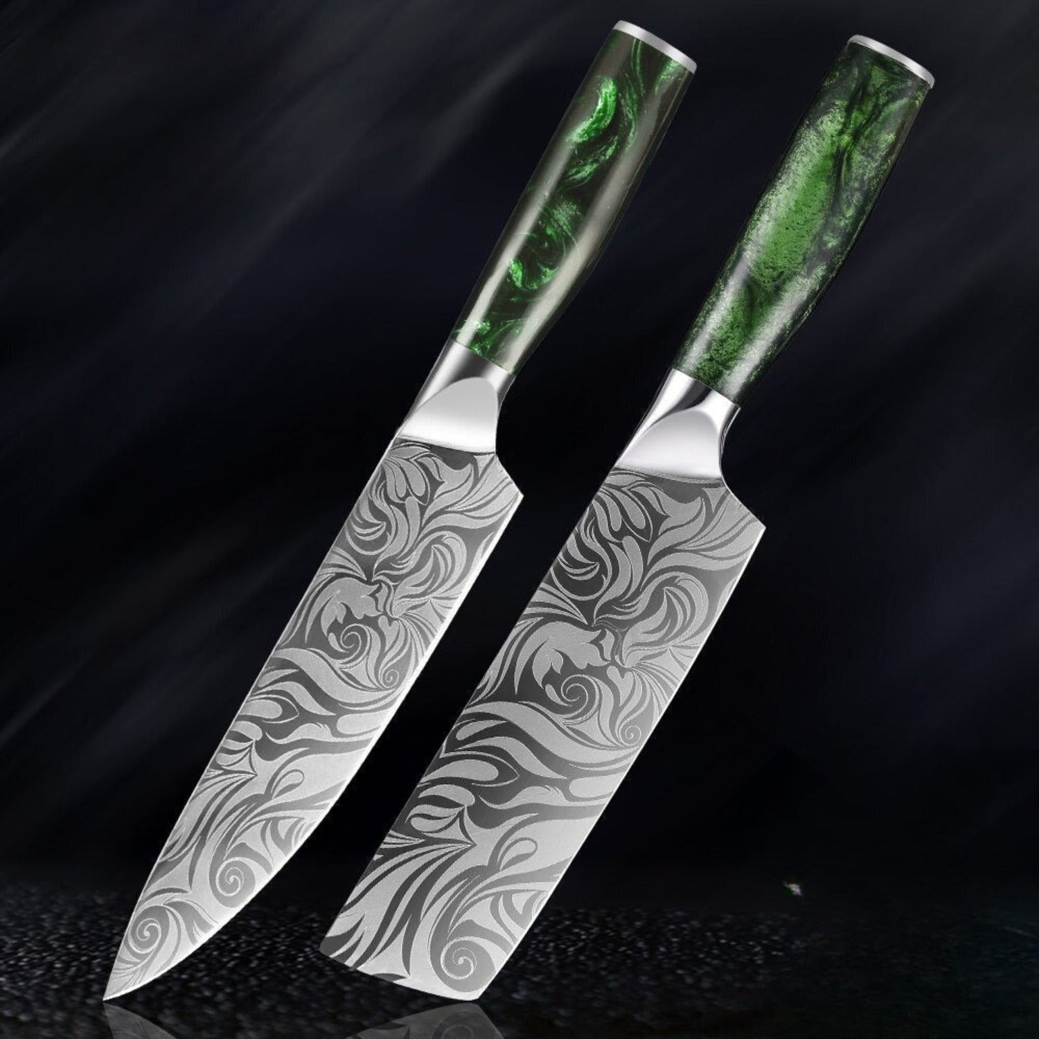 Set de couteaux de cuisine de style japonais - manche en rose verte
