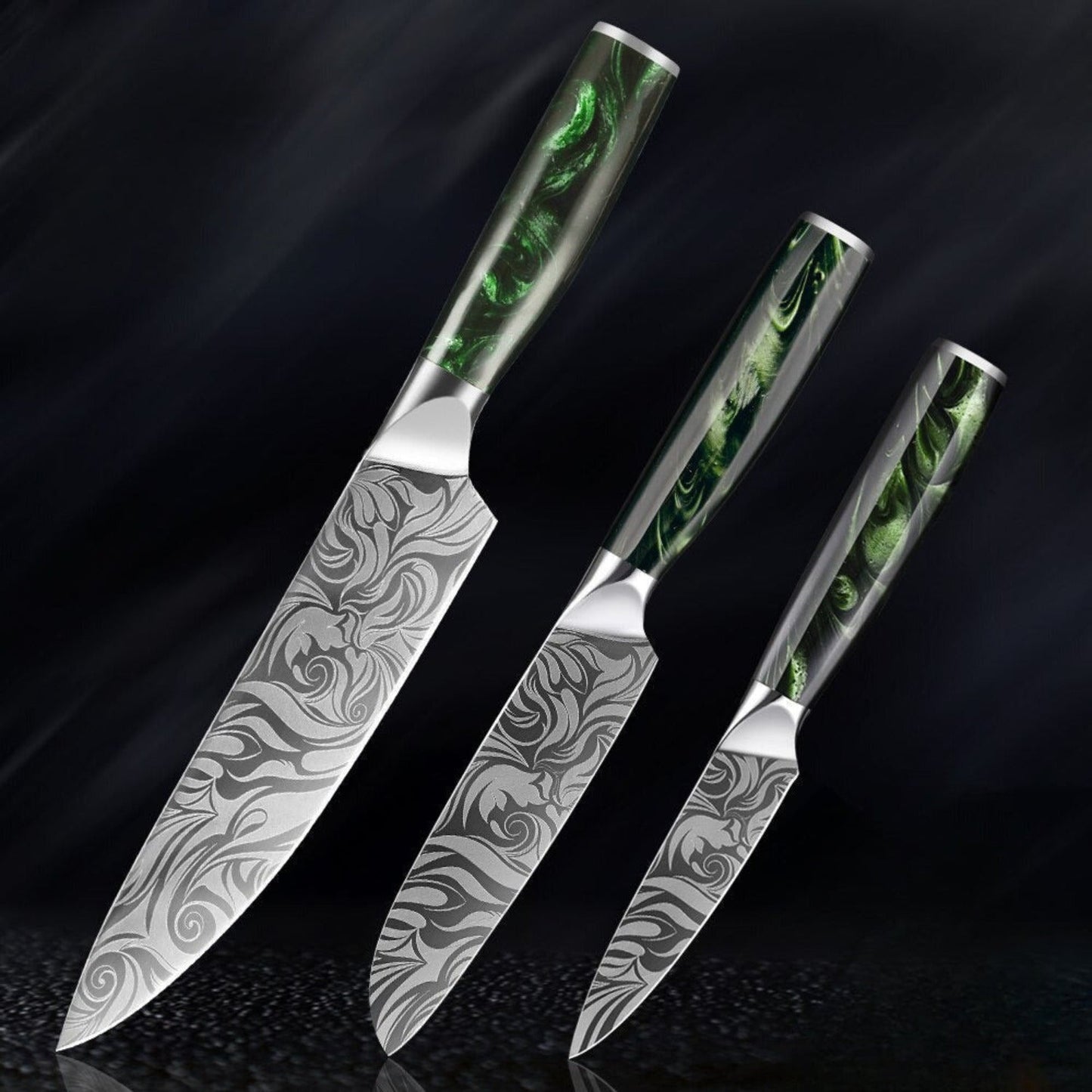 Set de couteaux de cuisine de style japonais - manche en rose verte
