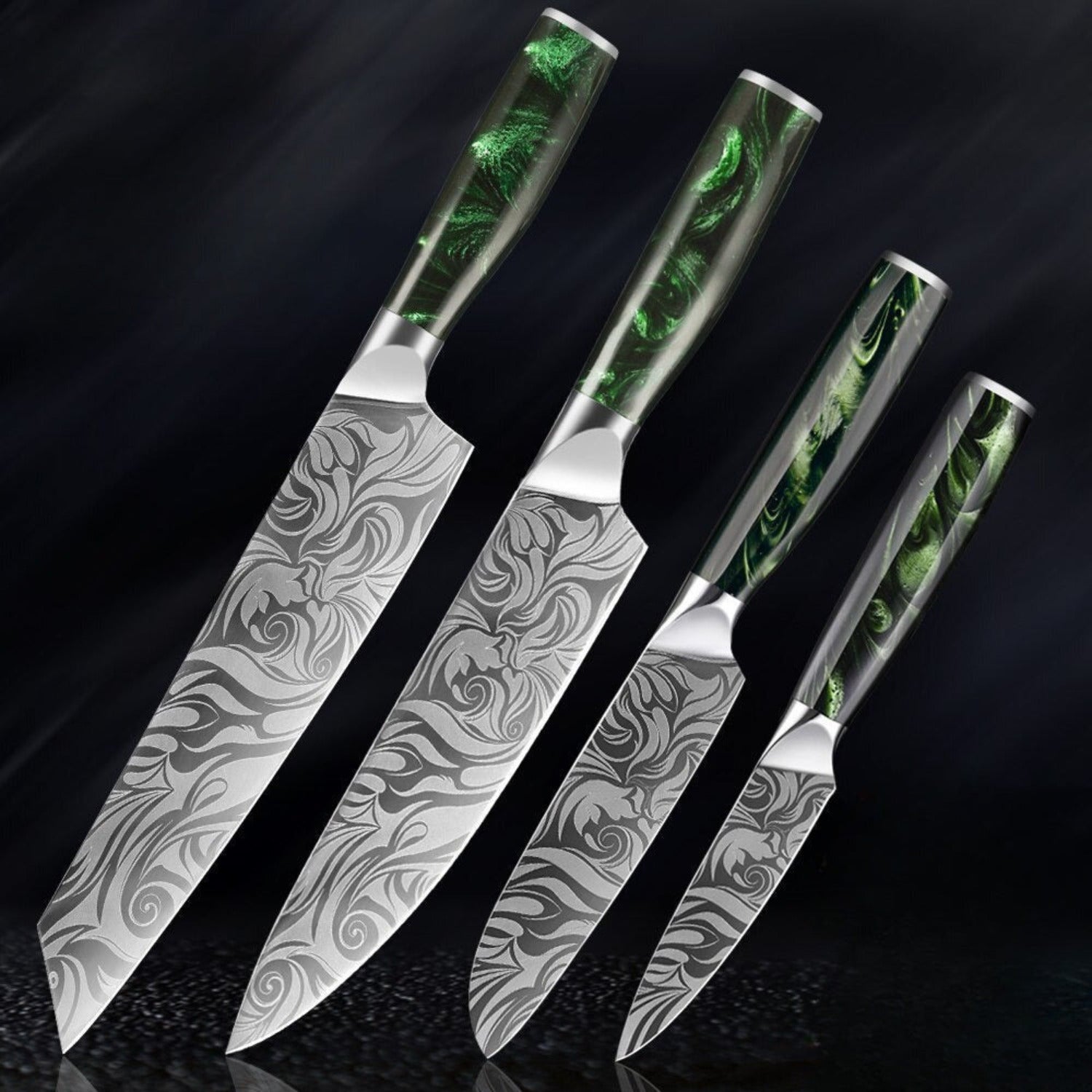 Set de couteaux de cuisine de style japonais - manche en rose verte