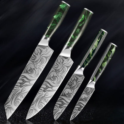 Set de couteaux de cuisine de style japonais - manche en rose verte