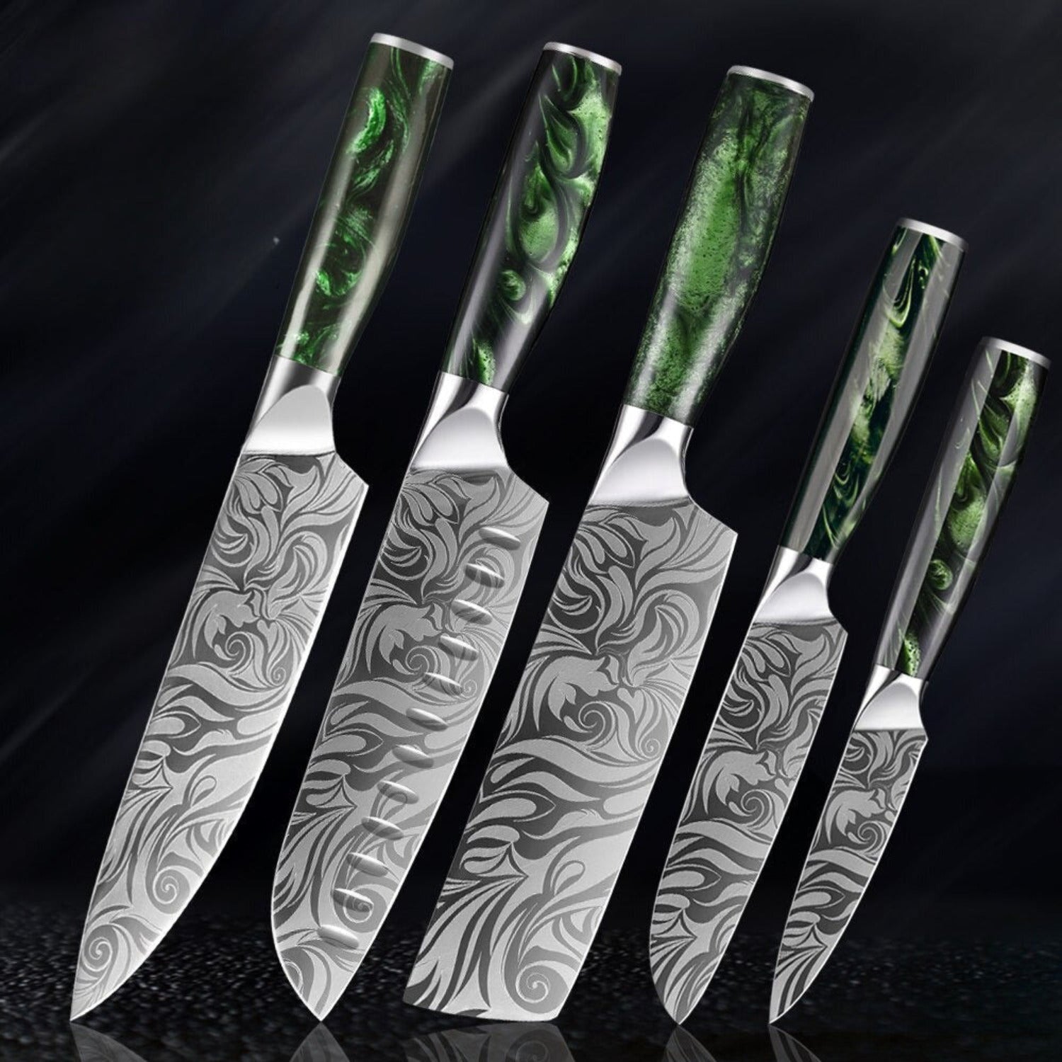 Set de couteaux de cuisine de style japonais - manche en rose verte