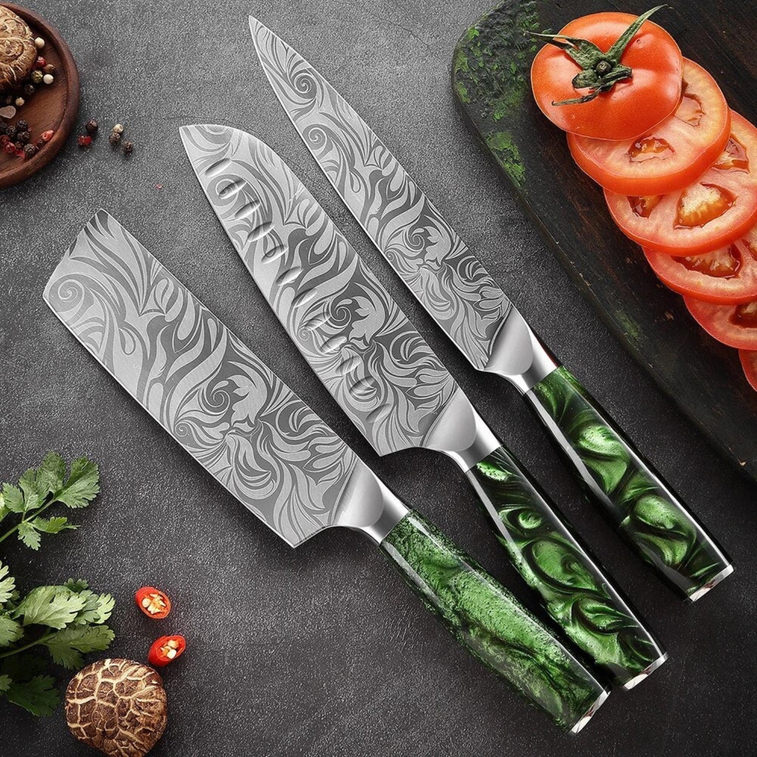 Set de couteaux de cuisine de style japonais - manche en rose verte