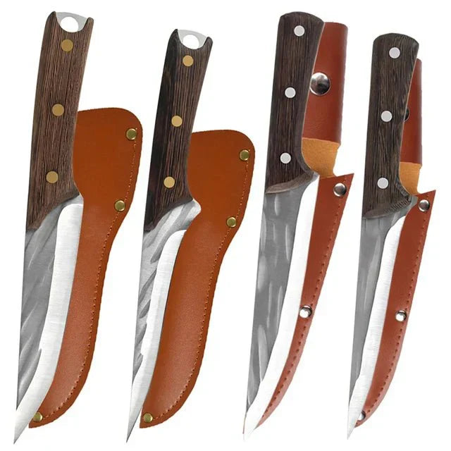 Couteau à désosser forgé à la main Couteau de chef Couteau à désosser avec étui en cuir, 4 pièces