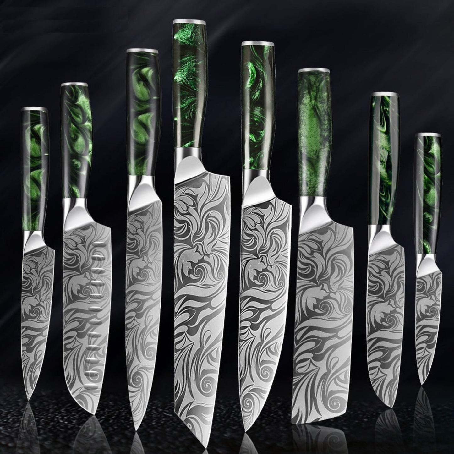 Set de couteaux de cuisine de style japonais - manche en rose verte