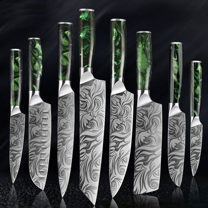 Set de couteaux de cuisine de style japonais - manche en rose verte