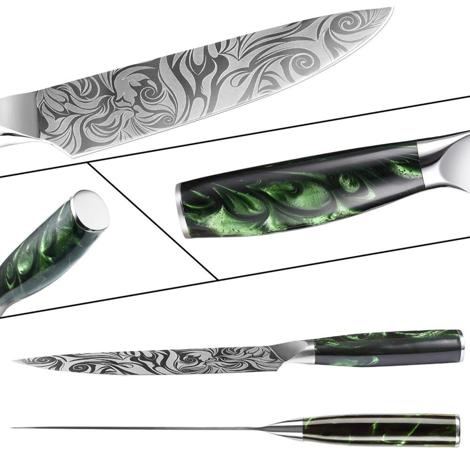 Set de couteaux de cuisine de style japonais - manche en rose verte