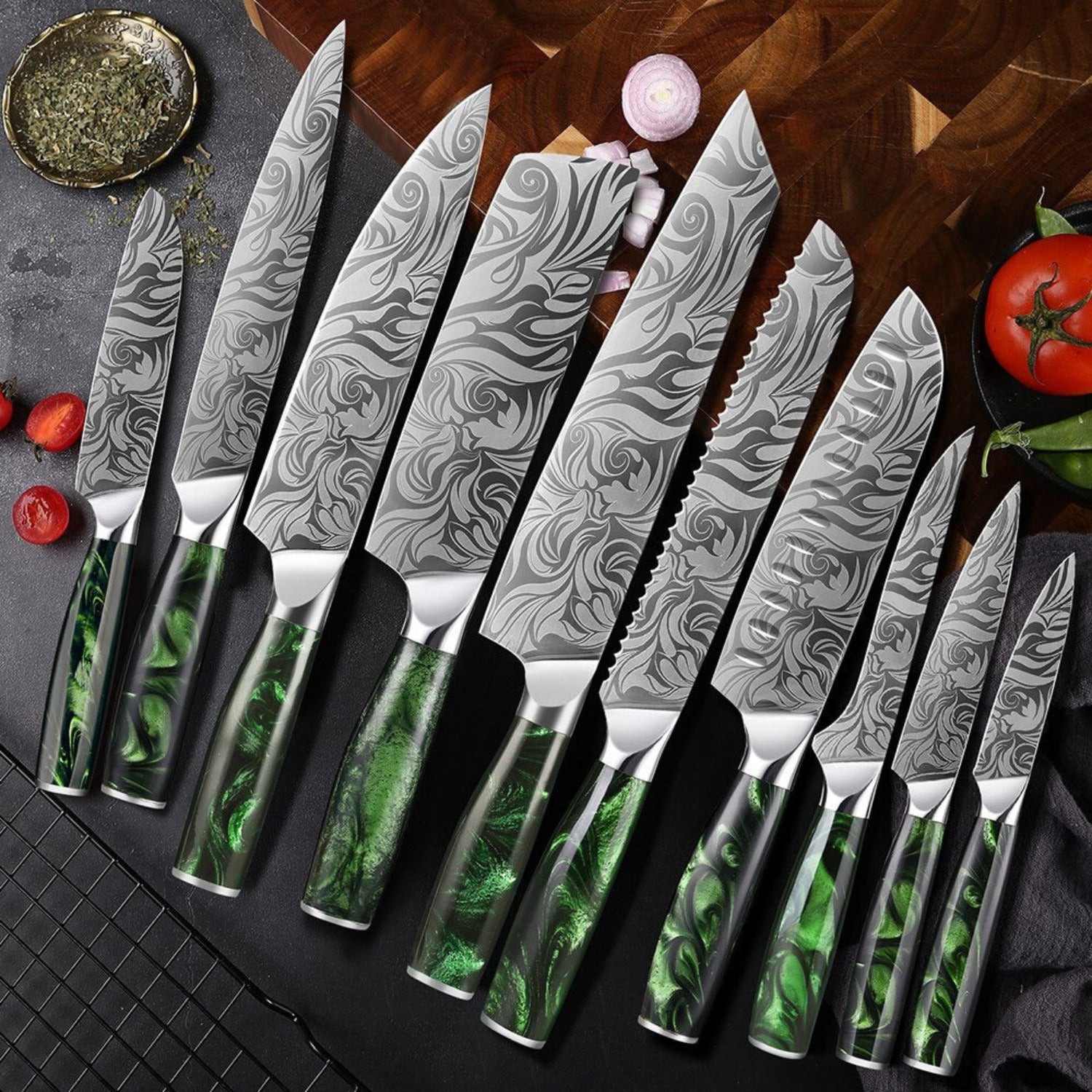 Set de couteaux de cuisine de style japonais - manche en rose verte