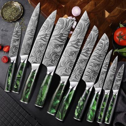 Set de couteaux de cuisine de style japonais - manche en rose verte