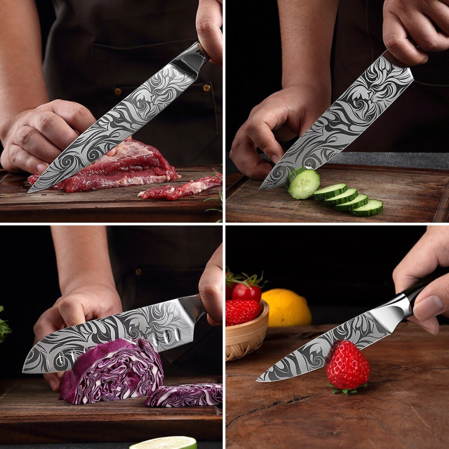 Set de couteaux de cuisine de style japonais - manche en rose verte