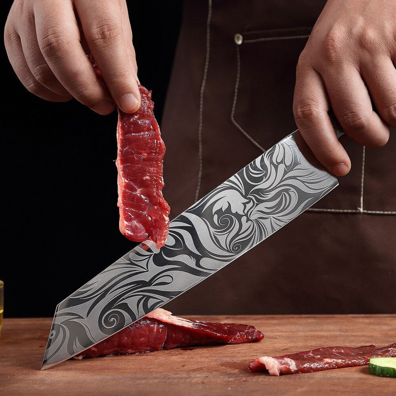 Set de couteaux de cuisine de style japonais - manche en rose verte