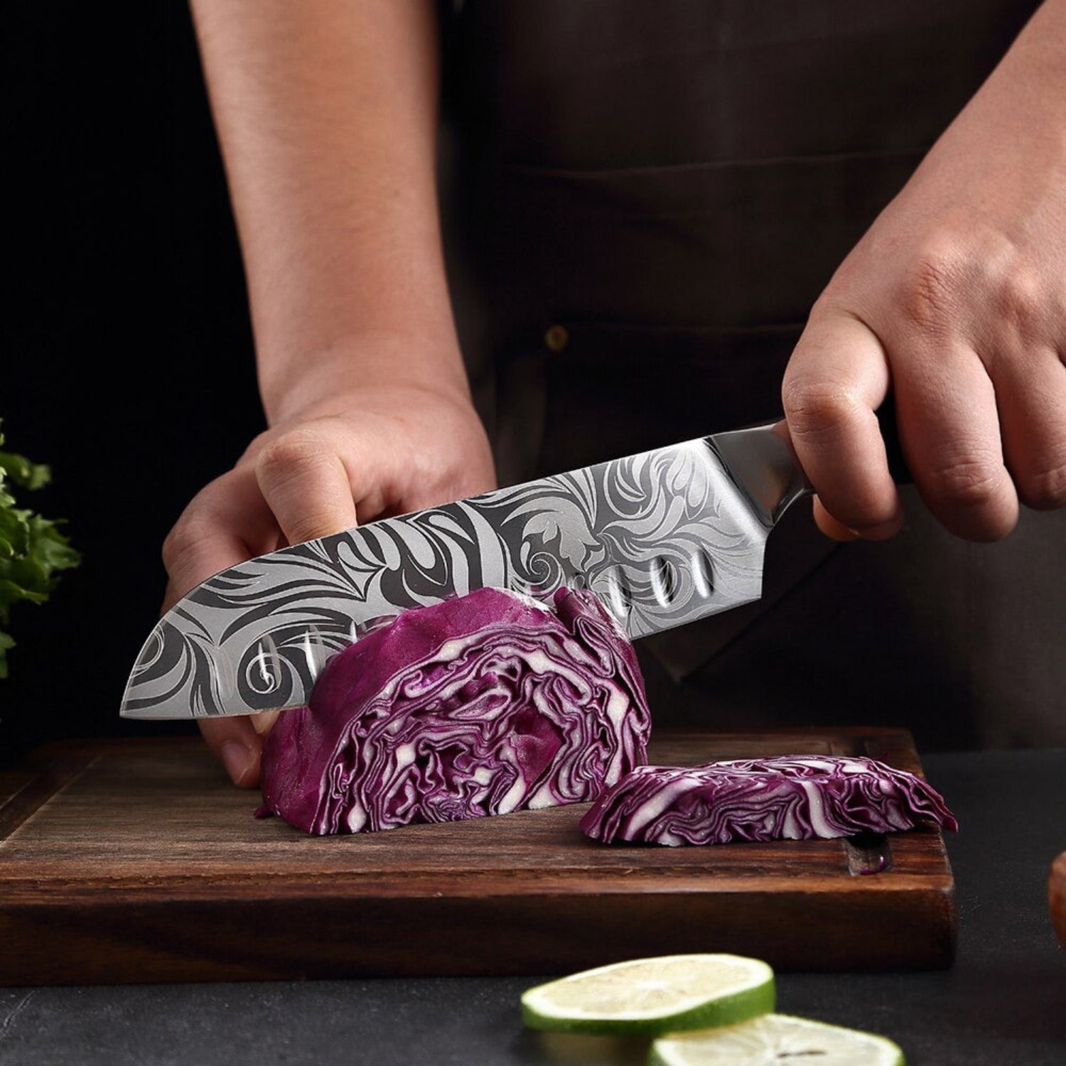 Set de couteaux de cuisine de style japonais - manche en rose verte