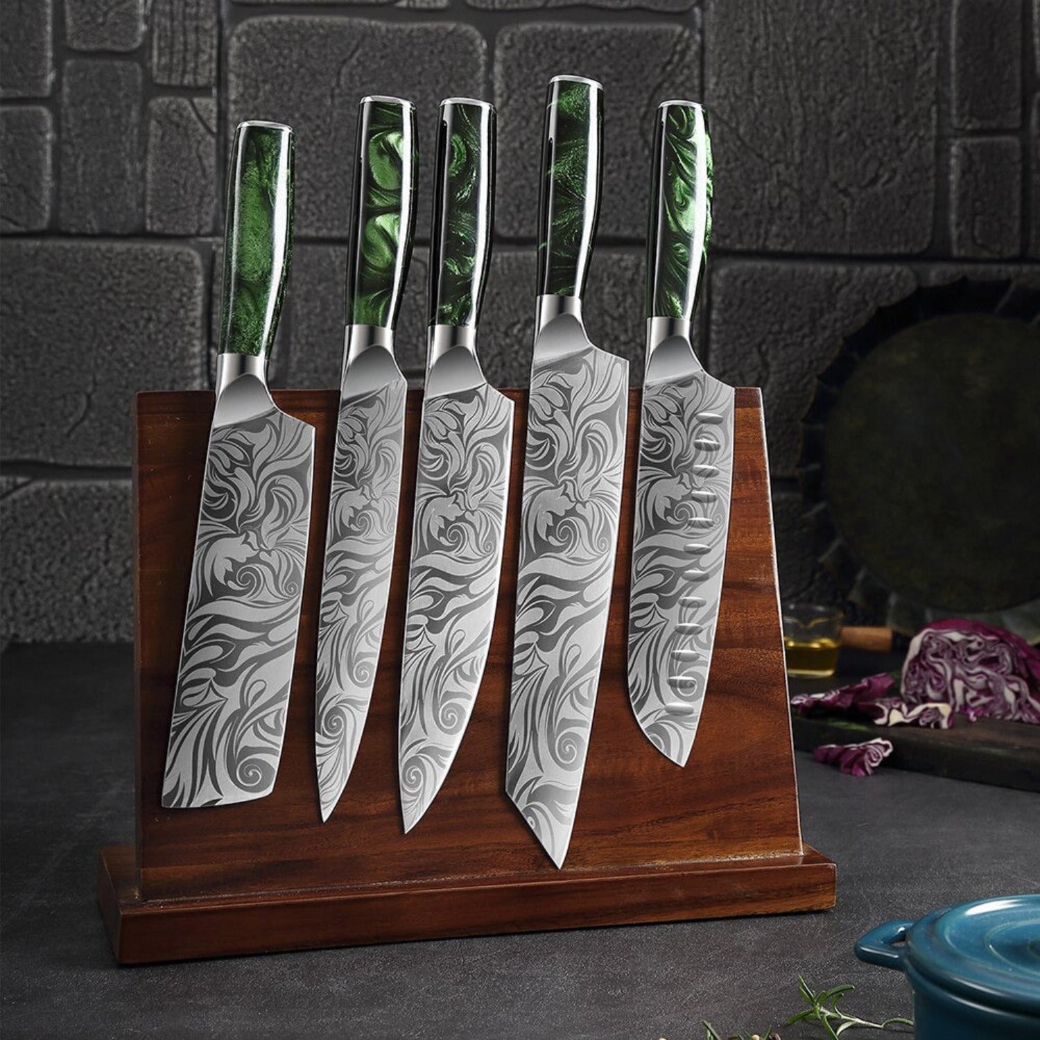 Set de couteaux de cuisine de style japonais - manche en rose verte